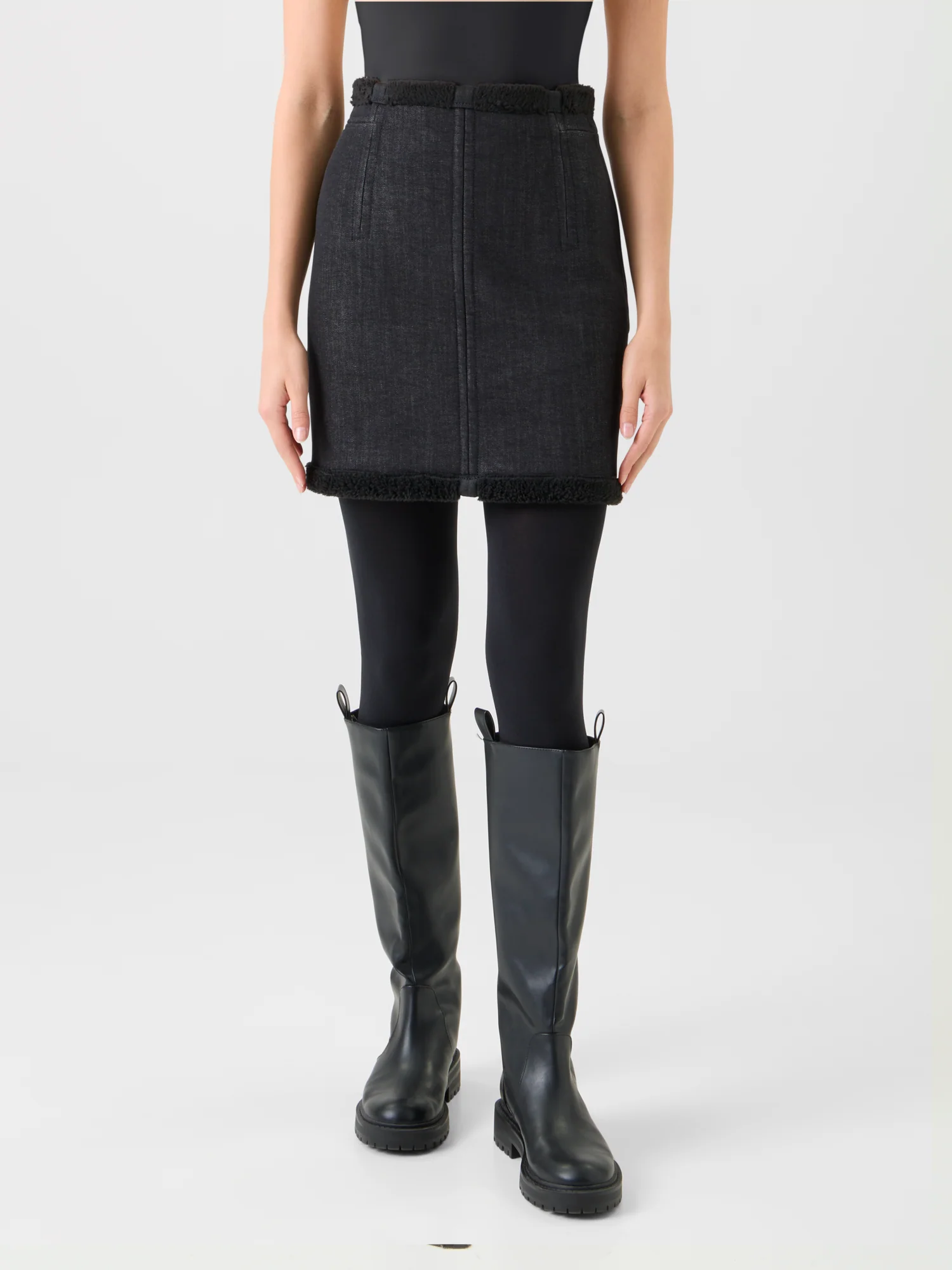 Cotton Denim and Faux Shearling Mini Skirt - Image 4