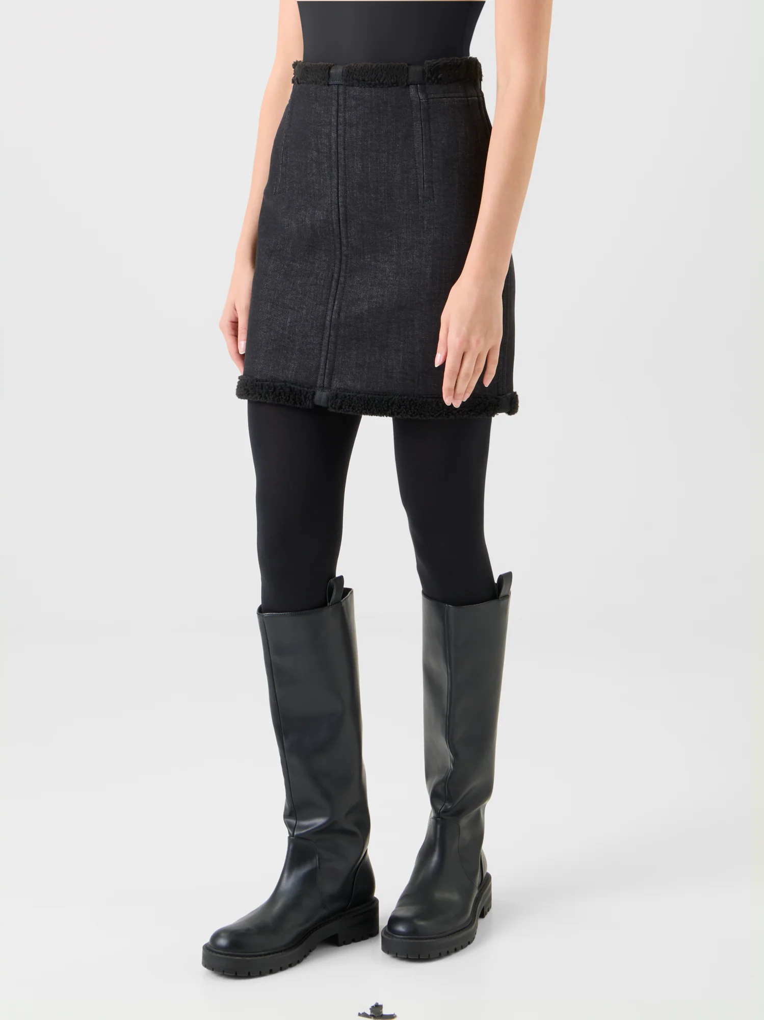 Cotton Denim and Faux Shearling Mini Skirt - Image 5