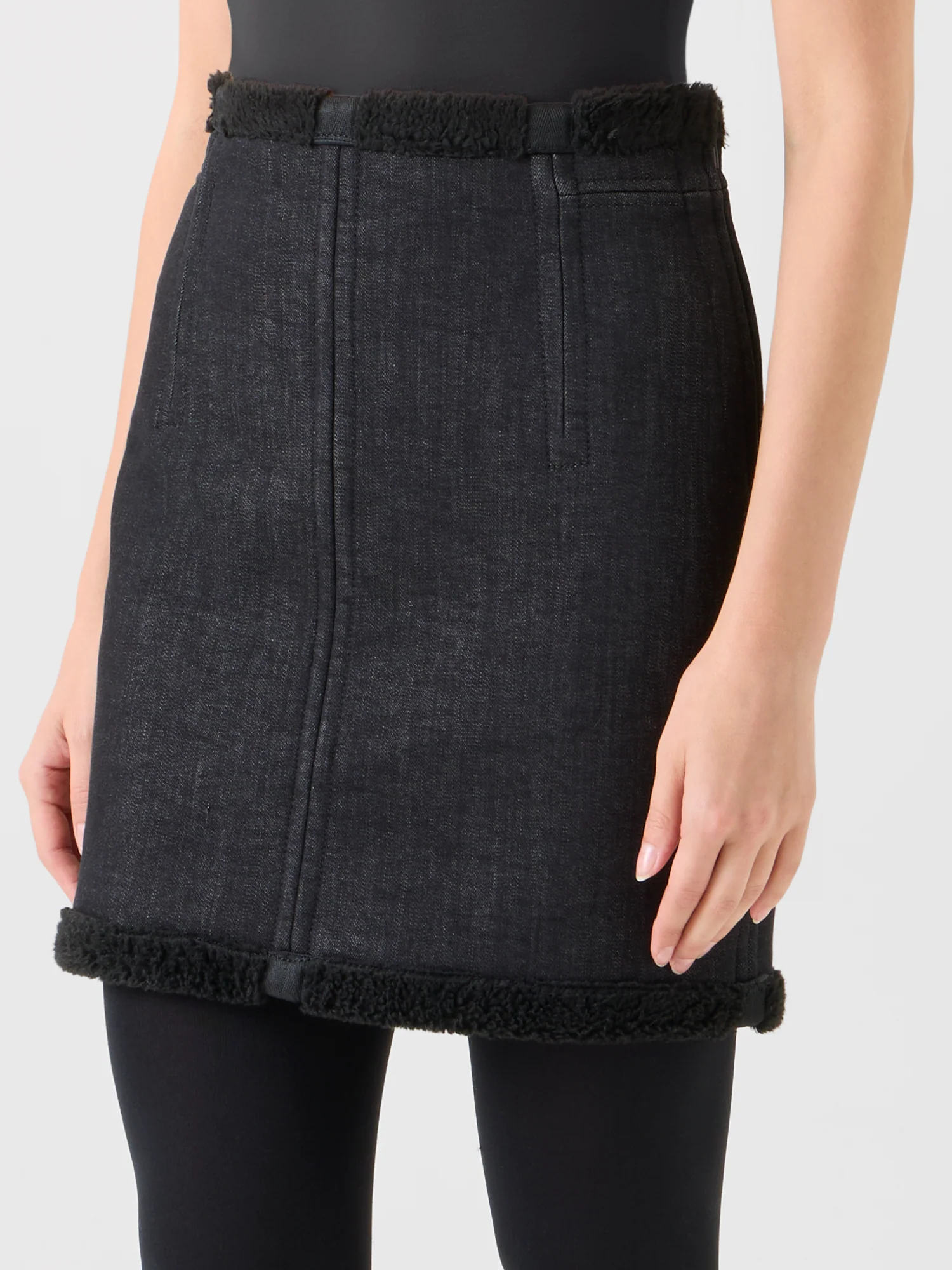 Cotton Denim and Faux Shearling Mini Skirt - Image 6